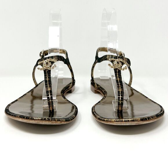 Chanel Black Gold CC Crystal Thong Sandals Size 37C Flat Cruise 2016 - Picture 3 of 10